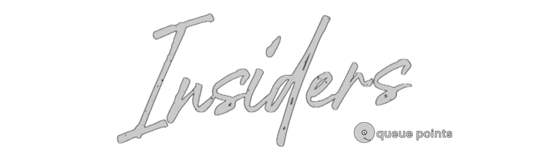 Logo for Queue Points featuring a stylized vinyl record with a tonearm above the company name in lowercase sans-serif text.