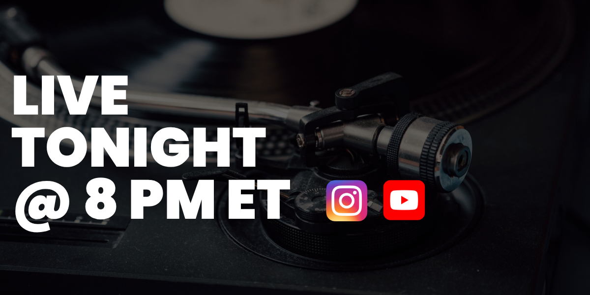 Text on a vinyl record player announcing a live stream tonight at 8 PM EST on Instagram and YouTube.